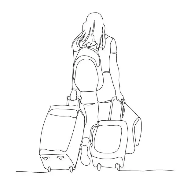 Vector illustration of Woman carrying her luggage with backpacks and suitcases. Back view. Continuous line drawing. Black and white vector illustration in line art style.