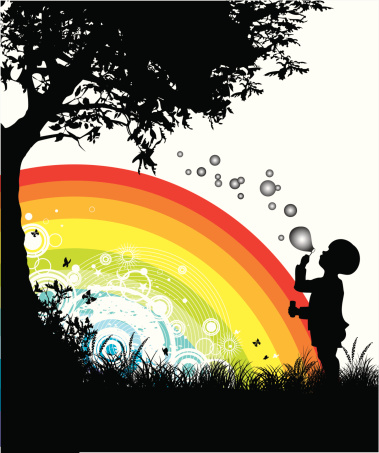 this illustration consists of silhouettes of grass, tree, butterflies and boy who is blowing a soap bubbles there are  also a colored rainbow and white abstract elements