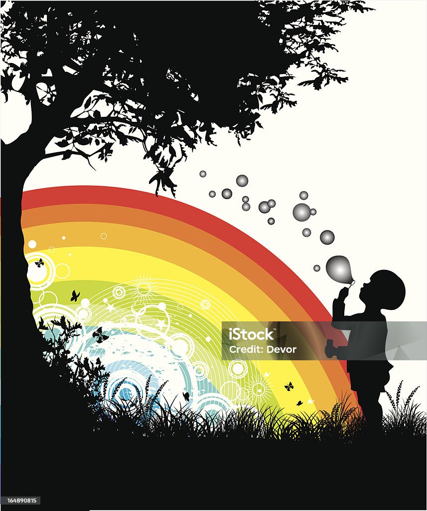soap bubbles this illustration consists of silhouettes of grass, tree, butterflies and boy who is blowing a soap bubbles there are  also a colored rainbow and white abstract elements Bubble Wand stock vector