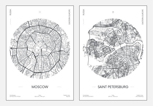 reiseplakat, städtischer straßenplan stadtplan moskau und sankt petersburg, vektorillustration - airplane sea passage travel commercial airplane stock-grafiken, -clipart, -cartoons und -symbole