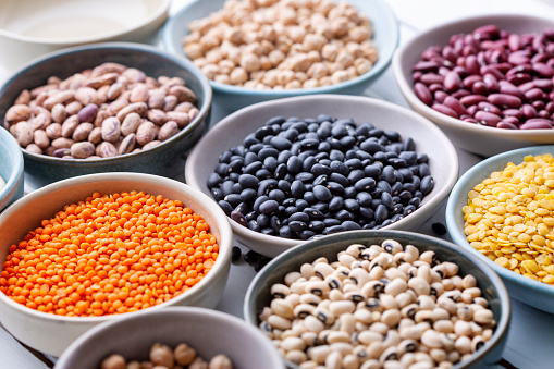 Different types of legumes in bowls