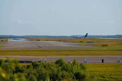 Landvetter, Sweden - May 28 2023: Lufthansa flight landing at Landvetter GOT.