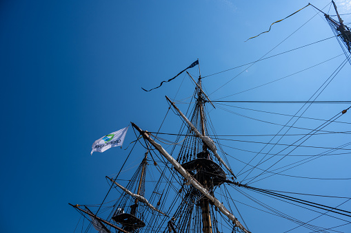 Gothenburg, Sweden - June 03 2023: The indiaman replica Gotheborg at port in Gothenburg.