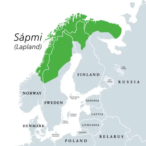 Vector illustration of Sapmi, Lapland, cultural region in Europe, gray political map
