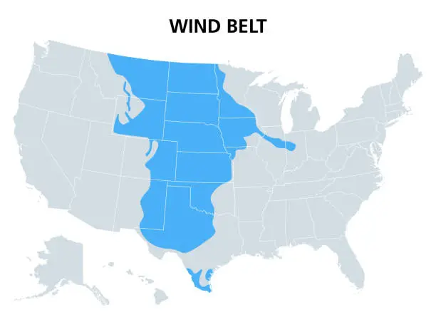 Vector illustration of Wind Belt of the United States, areas with high wind speeds, political map