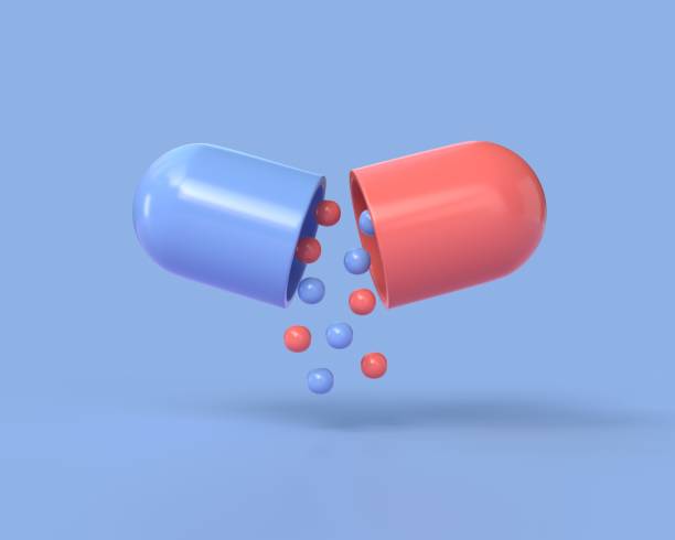 istock 3d opened tablet or capsule in cartoon style.illustration isolated on blue background. 3d rendering 1648949449