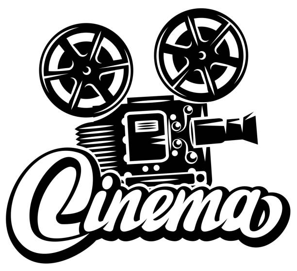 istock Retro film projector and calligraphic inscription cinema. Vector monochrome illustration. Editable template for design 1648955145