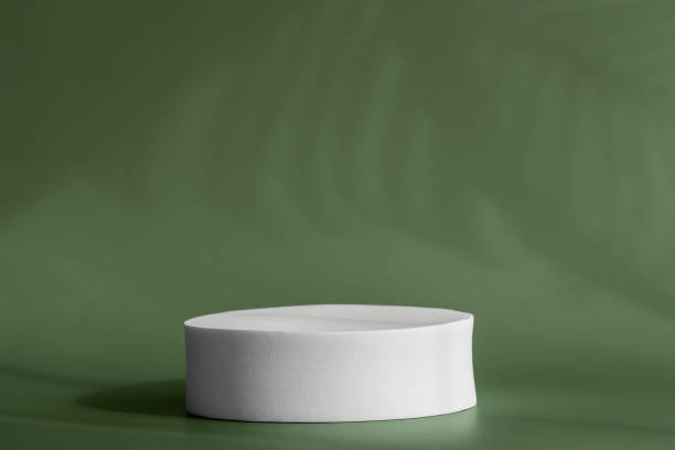 istock Round pedestal podium for packaging presentation on backdrop with palm leaves shadows from window. Circle platform stage for cosmetic products with shadow on wall. 1648957842