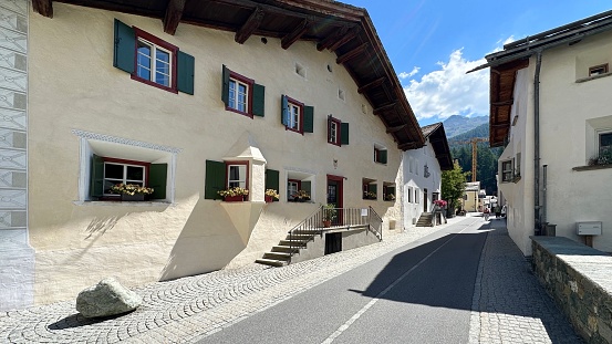 Sils Maria, Switzerland - August 22nd - 2023: typical houses at at the main road.