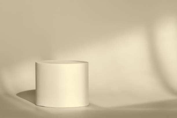 istock Beige round pedestal podium for packaging presentation on backdrop with room shadows from window.Circle platform stage for cosmetic products with geometric shadow. Minimalist style 1648960026