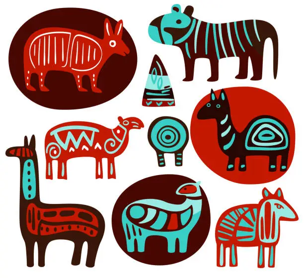 Vector illustration of Set of ethnic animalistic ornaments. African tribal motifs with silhouettes of wild animals - llama, armadillo, antelope, tiger, giraffe