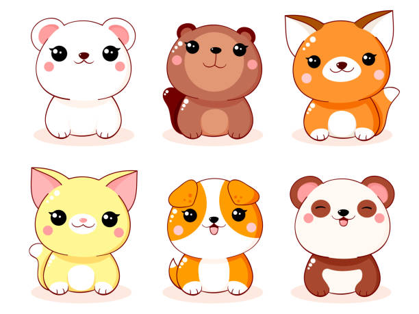 set niedlicher kleiner cartoon-tiere im kawaii-stil. sammlung von schönen tierbabys. lustiger hund, katze, panda, biber, fuchs, eisbär. vektor eps8 - polar bear young animal isolated cub stock-grafiken, -clipart, -cartoons und -symbole