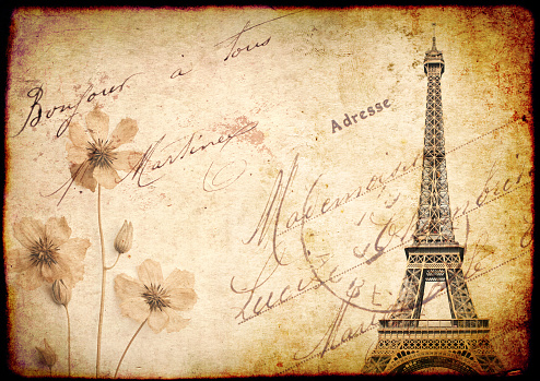 Retro background with Eiffel Tower - famous landmark of Paris and dry pressed flowers. Nostalgic backdrop with old vintage paper texture and inscription \