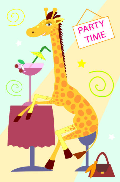 Party time Cheerful picture: a fabulous giraffe sits in a cafe and drinks a cocktail. "Party Time" sign on the wall partytime stock illustrations