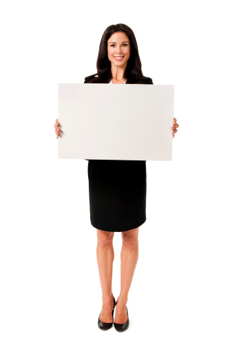 Casual Young Woman with Sign Isolated on White Background 