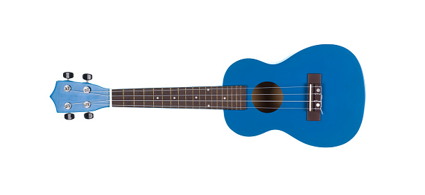 blue small ukulele isolated on white background