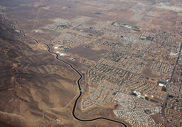 California Aqueduct Palmdale Aerial Aerial of the California aqueduct winding past Palmdale California. mojave desert stock pictures, royalty-free photos & images