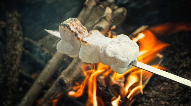 istock Pierced marshmallows on a skewer with a toasted crust over a campfire 1649009814