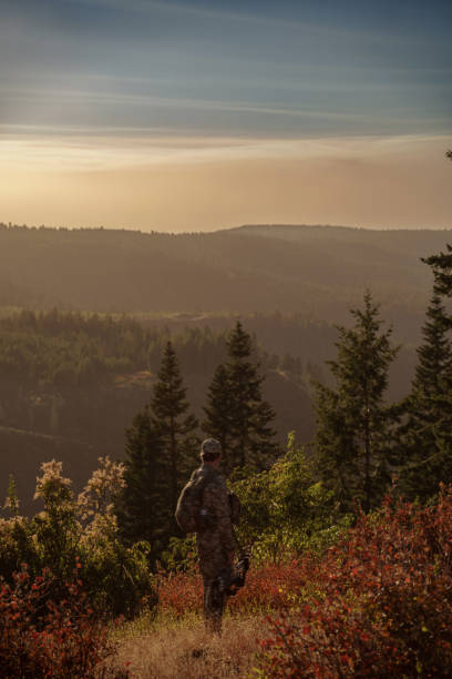 istock Male hunter hiking along grassy mountain ridge 1649016306