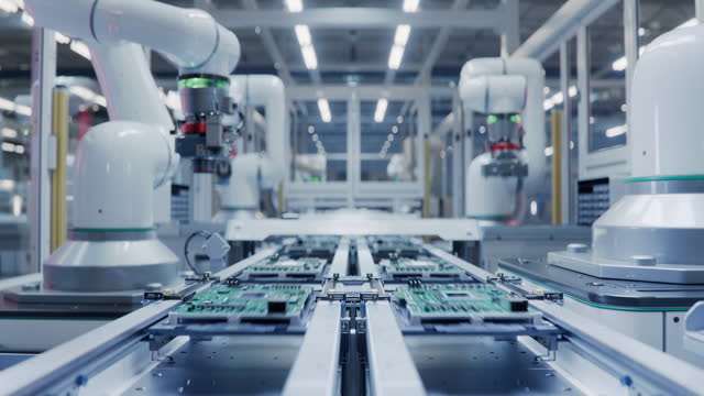 Timelapse of Automated PCB Assembly Line Equipped with Advanced High Precision Robot Arms at Bright Electronics Factory. Semiconductor Production Industry. Component Installation on Circuit Board