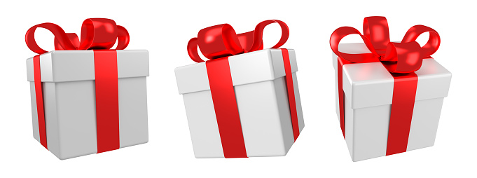 Christmas and New Year's Day event concept. Set of white gift box with red ribbon bow isolated. 3d rendering.