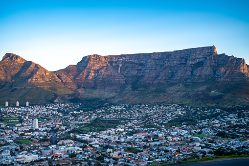 Photo over Cape Town with Table Mountain CBD Cityscape panorama early in the morning.