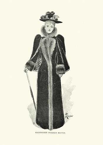 Vintage illustration Late Victorian women's fashion, Woman wearing sealskin mantle, fur coat, 1890s, 19th Century Period costume