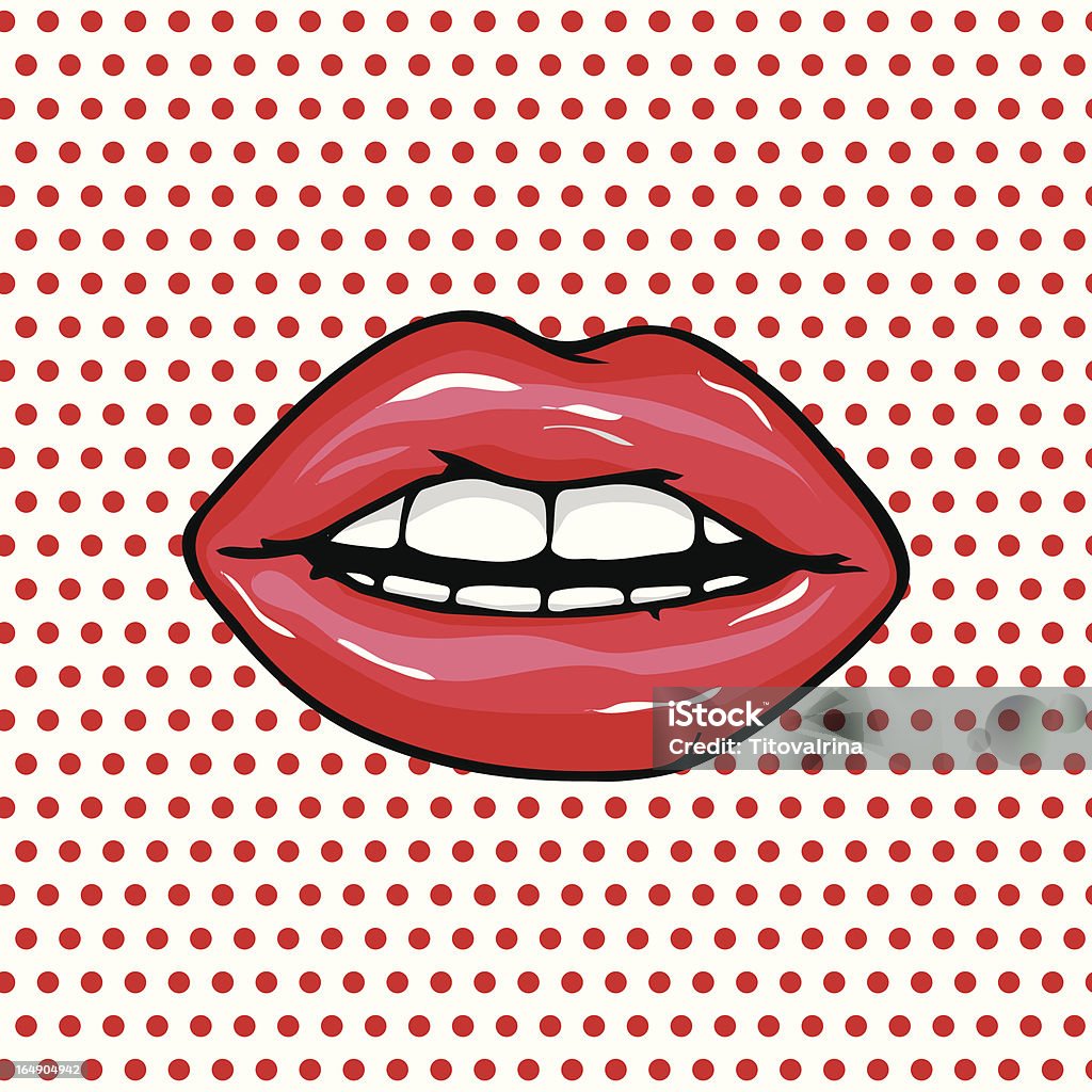 Cartoon glossy red lips and teeth over polka dot background Open Sexy wet red lips with teeth pop art set backgrounds, eps 10 Adult stock vector