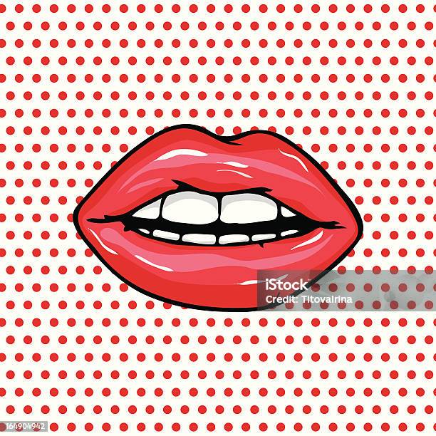 Cartoon Glossy Red Lips And Teeth Over Polka Dot Background Stock Illustration - Download Image Now