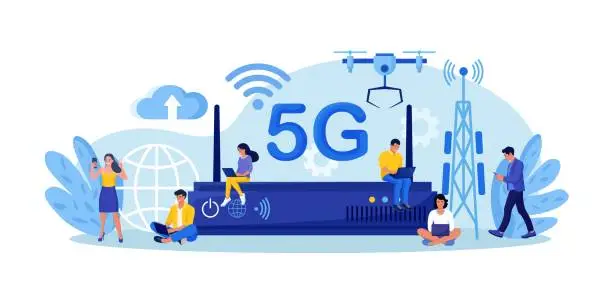 Vector illustration of 5G network wireless technology to increase speed, internet connection stability. Wifi router, wireless access point. High-speed mobile Internet. People with smartphones use new generation networks