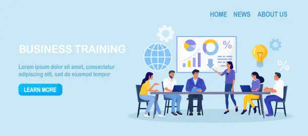 Vector illustration of Business Training, Coaching and Education. Mentor Presenting Charts, Diagrams and Reports before Audience. Coach Speaking before Business People at Conference, Lecture. Employees Meeting at Seminar