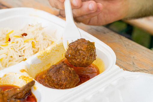 Kofta and Kabuli Pulao, Afghani Cuisine with Lamb Meat Balls, Pilaf or Pilau, Traditional Afghanistan Pilaw, Lamb Meatballs, Stewed Okra and Challow Pulao at Street Market