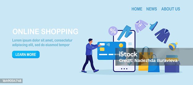 istock Online shopping. Man purchasing clothes from website, virtually insert credit card to phone for payment. Shopper buying on internet sale. Special offer. Buyer picked goods, paid with mobile banking 1649054748