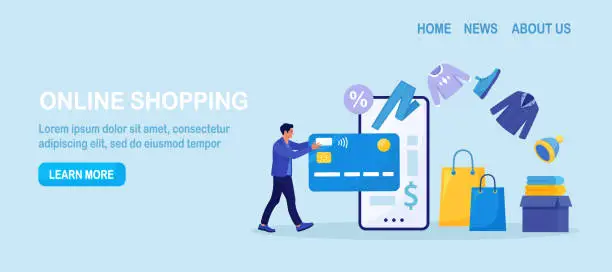 Vector illustration of Online shopping. Man purchasing clothes from website, virtually insert credit card to phone for payment. Shopper buying on internet sale. Special offer. Buyer picked goods, paid with mobile banking