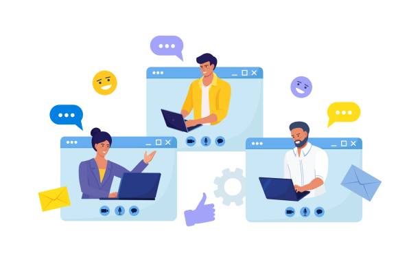 Online Discussion and Video Conference. People Connecting Together, Learning or Meeting Online with Teleconference. Businessmen on Web Page Talking with Colleagues, Employees or Friends vector art illustration
