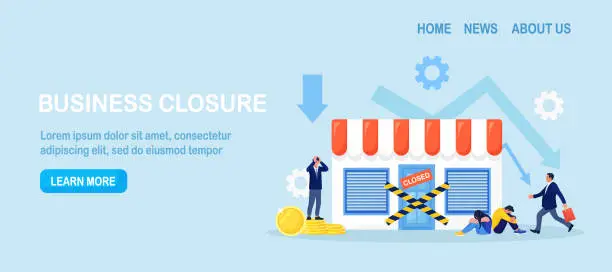 Vector illustration of Businessman has become bankrupt and closed business. Financial crisis. Global economic crash. Stopping commerce activity. Business people upset about recession, economy problems. Store shop is closed