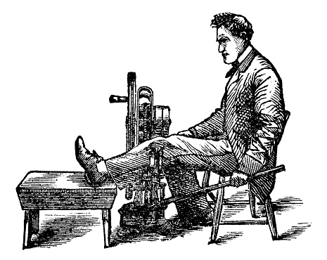 Victorian medical equipment, mechanotherapy/physiotherapy/exercise machine called a “Manipulator” massaging patient’s leg. Vintage etching circa 19th century. The device was used at the Invalids' Hotel and Surgical Institute in Buffalo, New York. Adjustable to move, exercise and manipulate various parts of the human body.