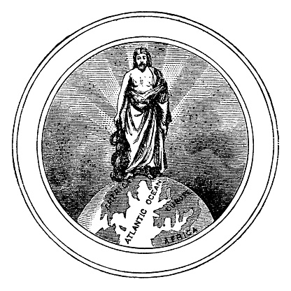 Asclepius the God of Medicine standing on the earth. Vintage etching circa 19th century.