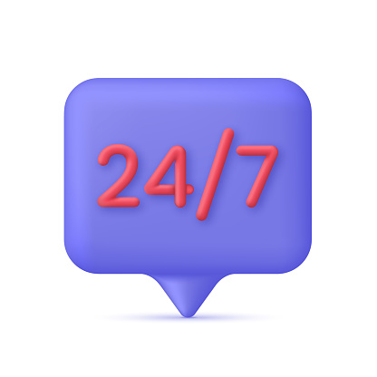 3D 24,7 on Speech Bubble. 24,7 service concept. 24 hours phone support illustration. Hotline customer service concept. Call center. Trendy and modern vector in 3d style.