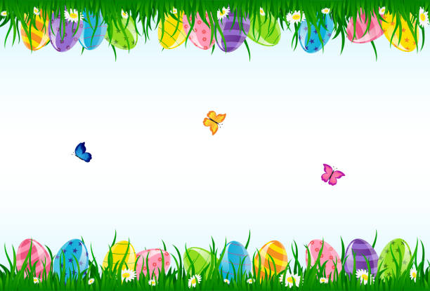 ilustrações de stock, clip art, desenhos animados e ícones de fundo com ovos de páscoa - red easter blue frame