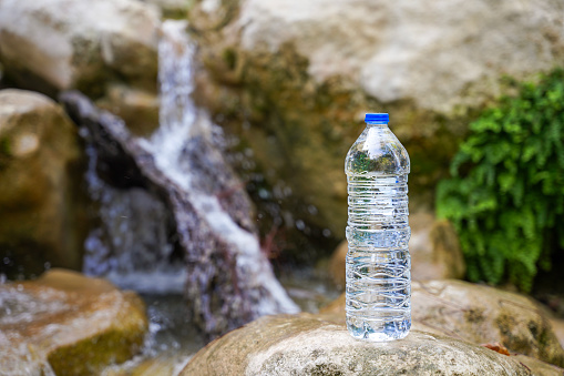 Plastic water bottle in front of natural water source