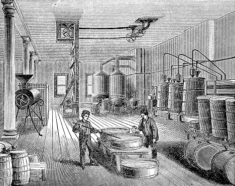 A chemical laboratory at the World’s Dispensary Medical Association building in Buffalo, New York, USA. Vintage etching circa 19th century. The business would end with the introduction of the Pure Food and Drug Act of 1906, prohibiting false claims on products.