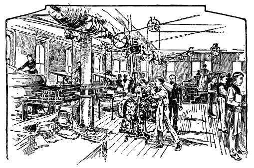 The printing room at the World’s Dispensary Medical Association building in Buffalo, New York, USA. Vintage etching circa 19th century. The business would end with the introduction of the Pure Food and Drug Act of 1906, prohibiting false claims on products.