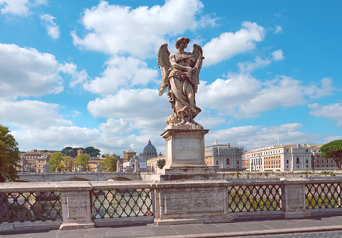 ROME, ITALY - OCTOBRE 12, 2019: Architectural angel from of St. Angelo Bridge in city of Rome, Italy