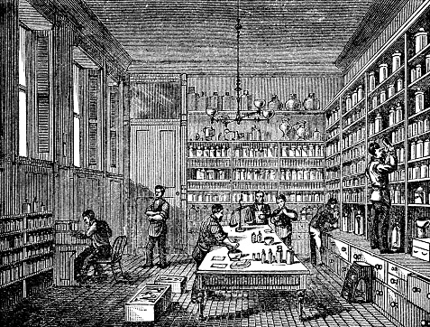 A pharmacy at the Invalids' Hotel and Surgical Institute private hospital in Buffalo, New York, USA. Vintage etching circa 19th century. The private hospital would go out of business in 1941.