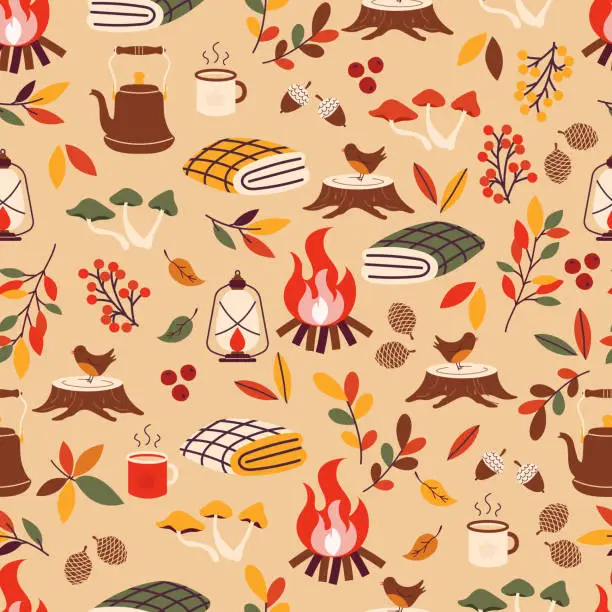 Vector illustration of Autumn camping seamless pattern