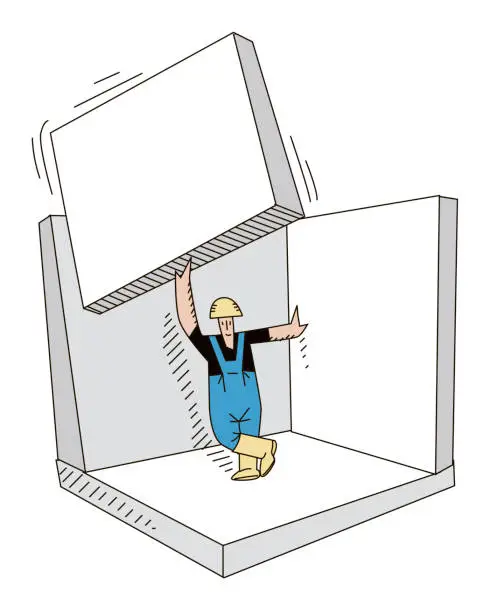 Vector illustration of Bricklayer lifts prefabricated wall with one hand