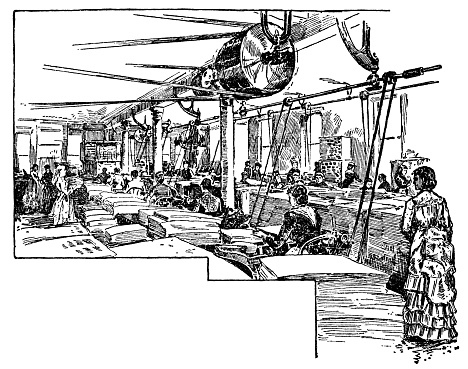 The bindery room at the World’s Dispensary Medical Association building in Buffalo, New York, USA. Vintage etching circa 19th century. The business would end with the introduction of the Pure Food and Drug Act of 1906, prohibiting false claims on products.