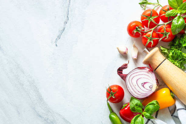 istock Food cooking background on white marble table. 1649173861
