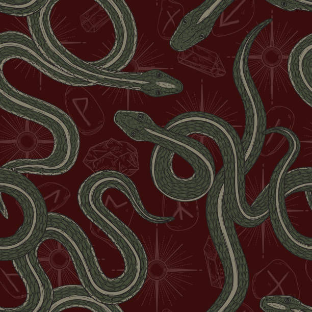 illustrazioni stock, clip art, cartoni animati e icone di tendenza di serpenti con witchy dark academia sfondo a motivi geometrici senza cuciture con rune, gemme e stelle - snakeskin snake print python